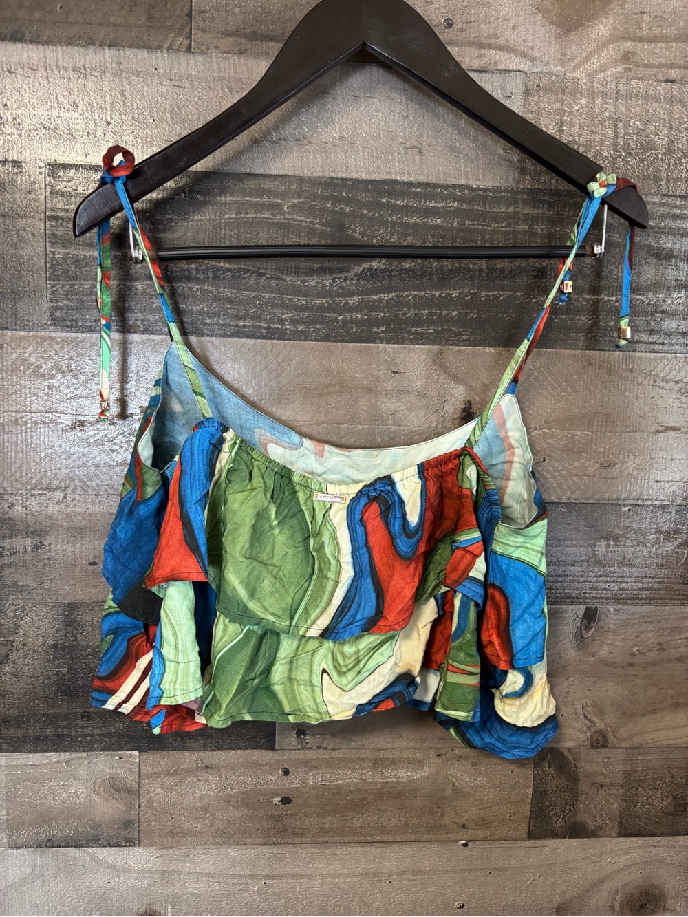 NWT Amani Multicolor Tie-Shoulder Ruffle Crop Tank Top in Blue, Green & Red L